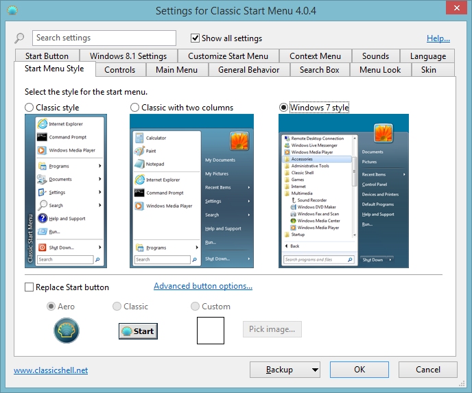 Classic Shell Start Menu Options