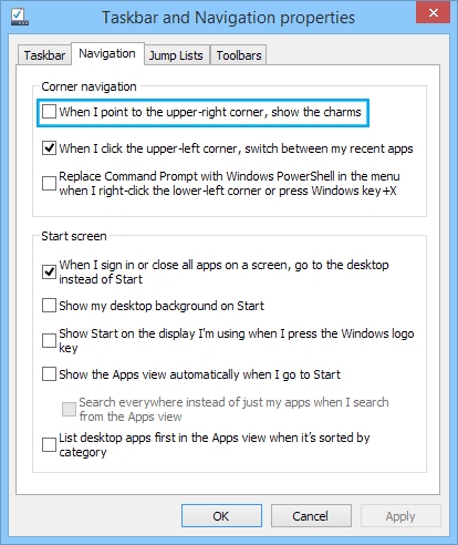 Disable corner gestures in Windows 8